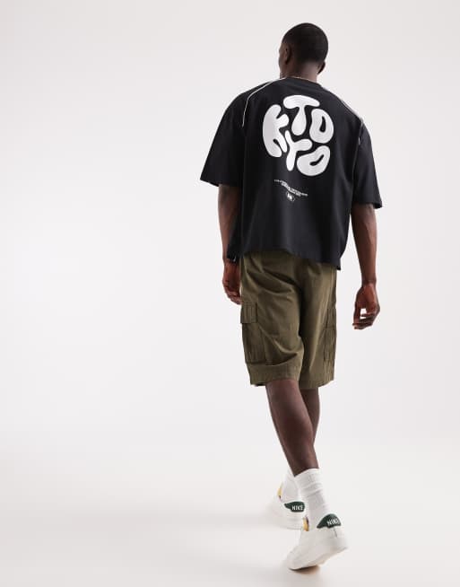 ASOS DESIGN - Sort oversized T-shirt med Kyoto-grafik i firkantet pasform
