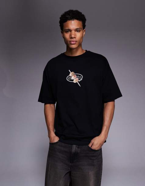 ASOS DESIGN - Sort oversized T-shirt med olivengrøn grafik - view 1