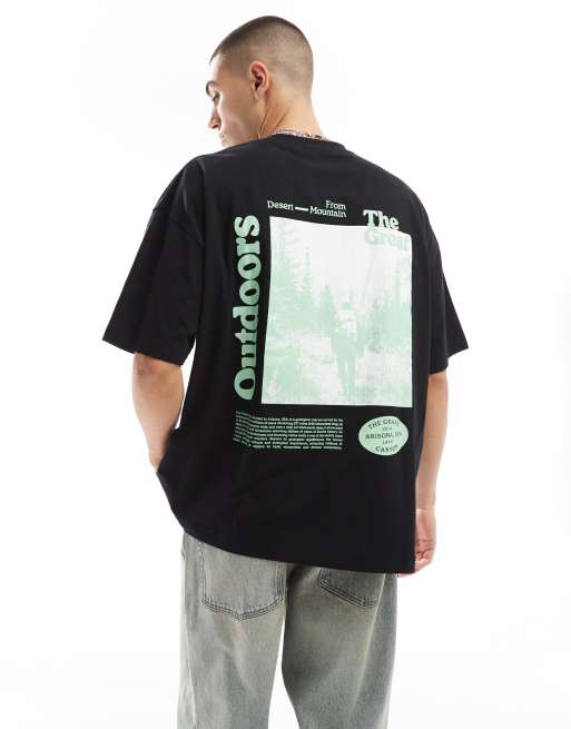 ASOS DESIGN - Sort oversized T-shirt med 'Outdoors'-print på ryggen