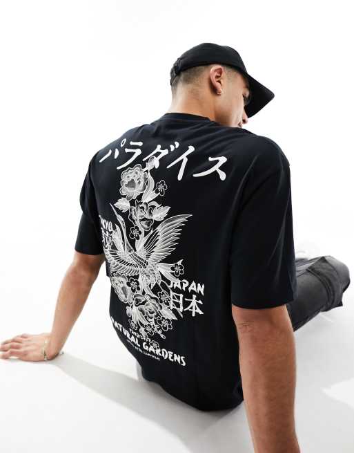 ASOS DESIGN - Sort oversized T-shirt med souvenir-blomsterprint på ryggen og brystet