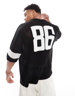 ASOS DESIGN - Sort oversized T-shirt med tekstur og nummerprint i firkantet pasform