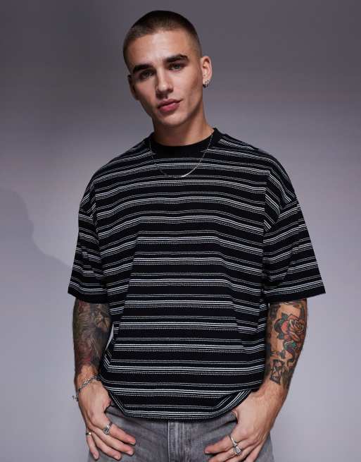 ASOS DESIGN - Sort oversized T-shirt med tekstur og striber i kraftigt stof på 230 gsm