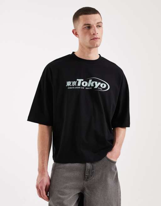 ASOS DESIGN - Sort oversized T-shirt med 'Tokyo'-grafik i firkantet pasform