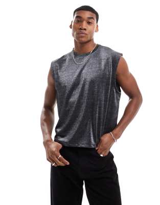 ASOS DESIGN - Sort oversized tanktop med glimmer i firkantet pasform