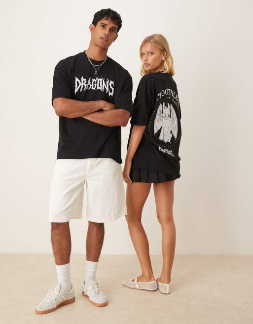 ASOS DESIGN - Sort oversized unisex-T-shirt med 'How To Train Your Dragon Toothless'-print