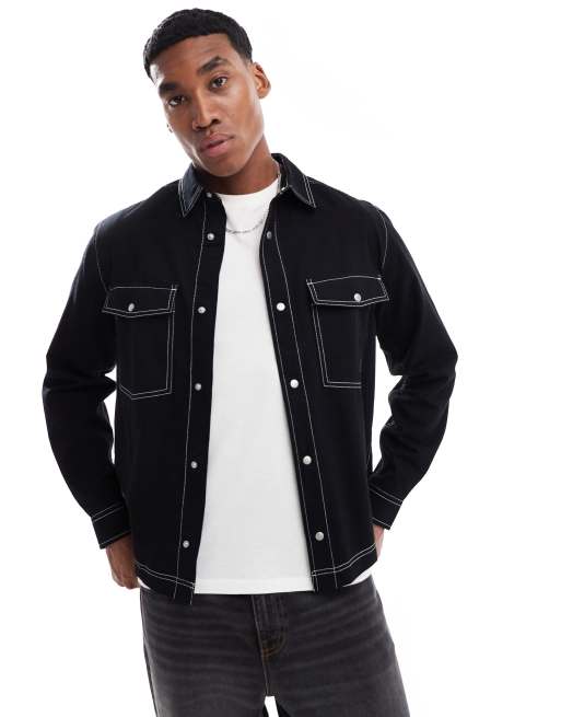 ASOS DESIGN - Sort overskjorte i denim med firkantet pasform og lommer fortil