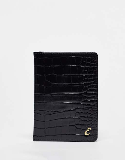 ASOS DESIGN - Sort pasholder med krokodillemønster og personlig E-initial