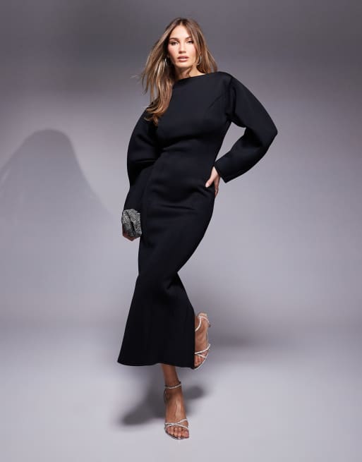 ASOS DESIGN - Sort pencil-midaxikjole med vide ærmer i scuba