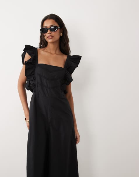 ASOS DESIGN - Sort pinny-jumpsuit med flæser - view 1