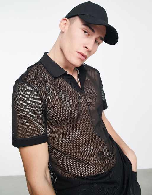 ASOS DESIGN - Sort polo-T-shirt med reverskrave i sort mesh 