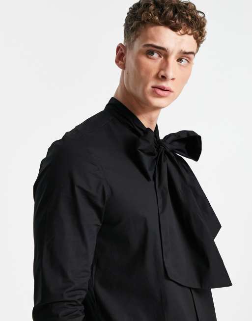 ASOS DESIGN - Sort poplin-skjorte med oversized sløjfebånd i halsen