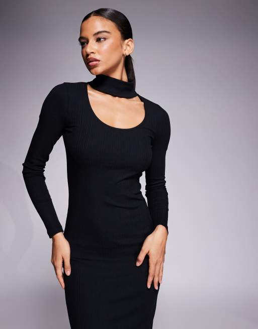 ASOS DESIGN - Sort ribbet midikjole i dobbeltlag med choker-detalje, 2 af 4