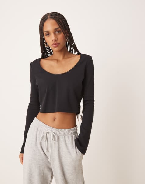 ASOS DESIGN - Sort ribstrikket croptop med lange ærmer og kantdetaljer i firkantet pasform - view 1