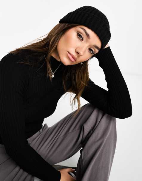 ASOS DESIGN - Sort ribstrikket mini-fiskerhue i polyester - view 1