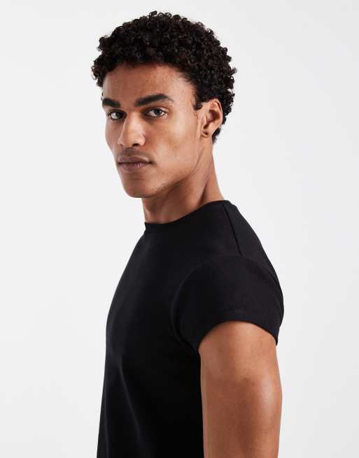 ASOS DESIGN - Sort ribstrikket slim-T-shirt med afkortede ærmer  , 4 af 5