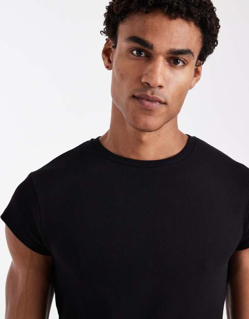 ASOS DESIGN - Sort ribstrikket slim-T-shirt med afkortede ærmer  , 5 af 5