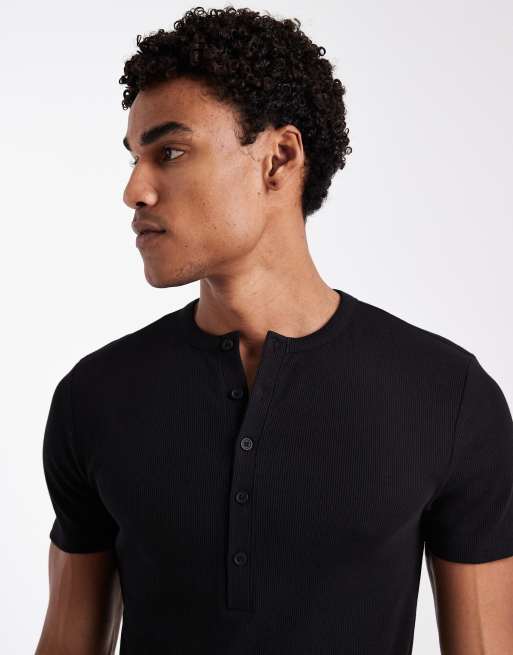 ASOS DESIGN - Sort ribstrikket T-shirt med tætsiddende pasform og henley-hals  , 5 af 5