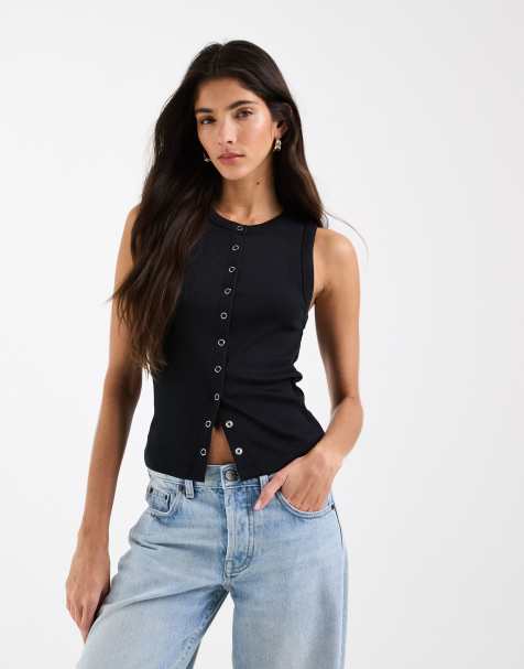 ASOS DESIGN - Sort ribstrikket top med trykknapper - view 1