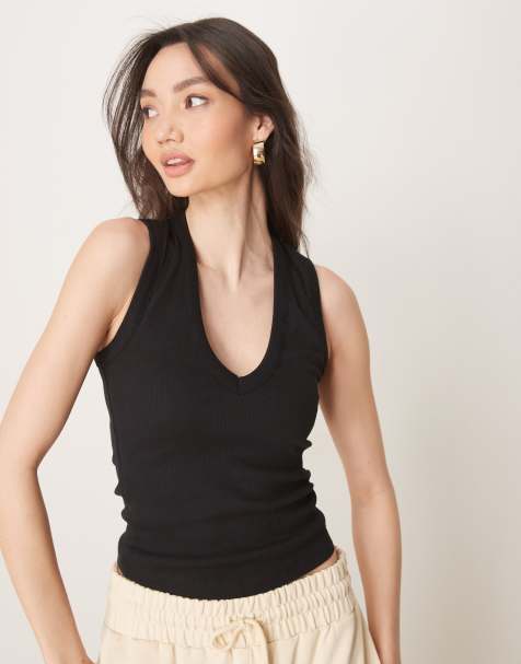 ASOS DESIGN - Sort ribstrikket top med V-hals - view 1