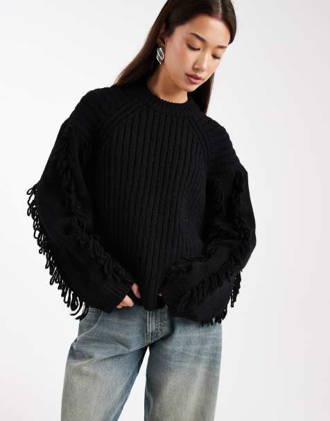 ASOS DESIGN - Sort ribstrikket trøje med frynsekanter på ærmerne - view 1