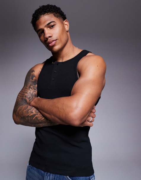 ASOS DESIGN - Sort ribstrikket tætsiddende Henley-undertrøje - view 1