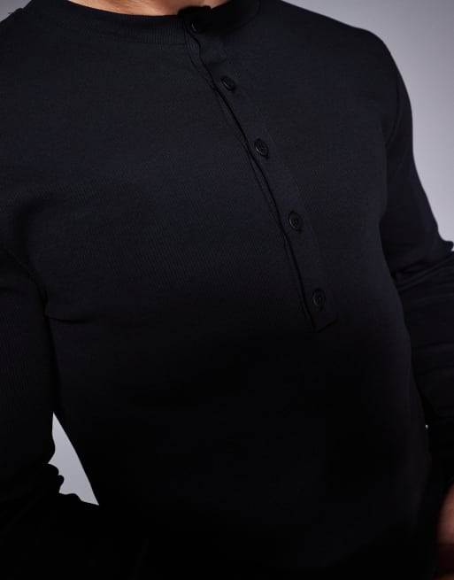 ASOS DESIGN - Sort ribstrikket tætsiddende langærmet T-shirt med henley-hals , 4 af 4