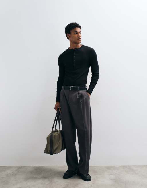 ASOS DESIGN - Sort ribstrikket tætsiddende langærmet T-shirt med henley-hals, 2 af 5