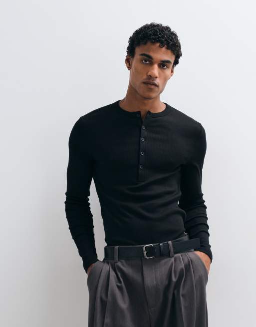 ASOS DESIGN - Sort ribstrikket tætsiddende langærmet T-shirt med henley-hals, 3 af 5
