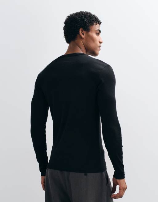 ASOS DESIGN - Sort ribstrikket tætsiddende langærmet T-shirt med henley-hals, 4 af 5