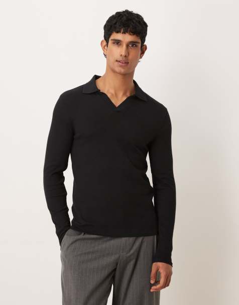 ASOS DESIGN - Sort ribstrikket tætsiddende polo med lange ærmer - view 1