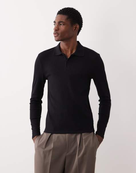 ASOS DESIGN - Sort ribstrikket tætsiddende polo med lange ærmer - view 1