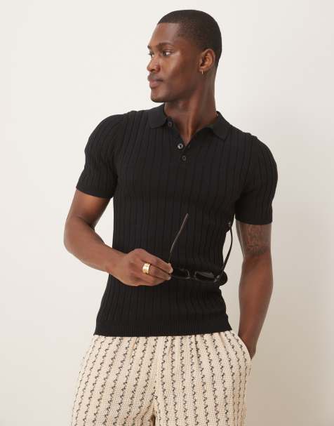ASOS DESIGN - Sort ribstrikket tætsiddende polo-T-shirt - view 1