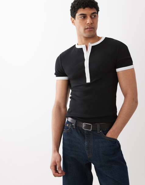 ASOS DESIGN - Sort ribstrikket tætsiddende T-shirt med henley-hals og kontrasterende detaljer - view 1