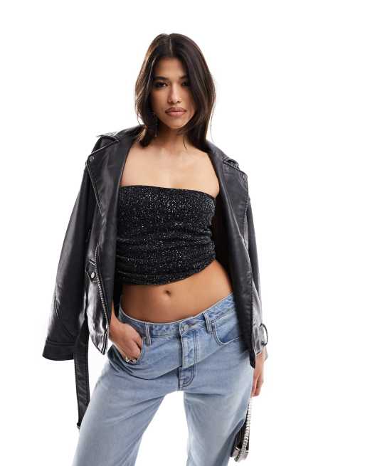 ASOS DESIGN - Sort ærmeløs korsettop i mesh med glimmer