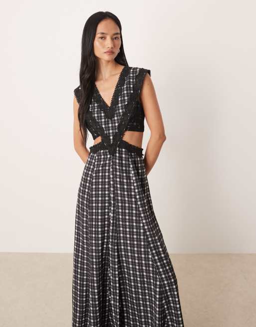 ASOS DESIGN - Sort ærmeløs maxikjole med blondeapplikationer og udskæringsdetaljer og tern, 3 af 4