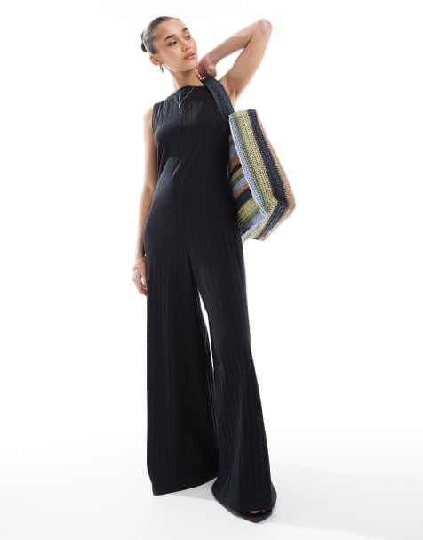 ASOS DESIGN - Sort ærmeløst jumpsuit i bred ribstrik - view 1