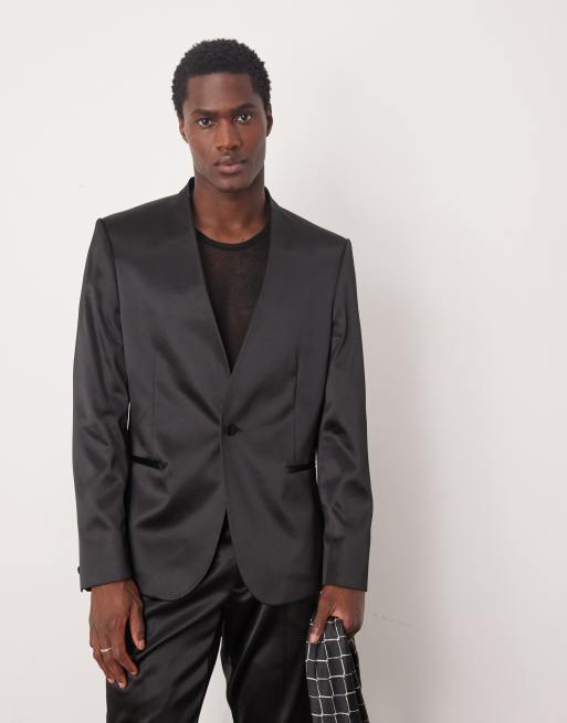 ASOS DESIGN - Sort skinny-habitjakke uden krave i satin