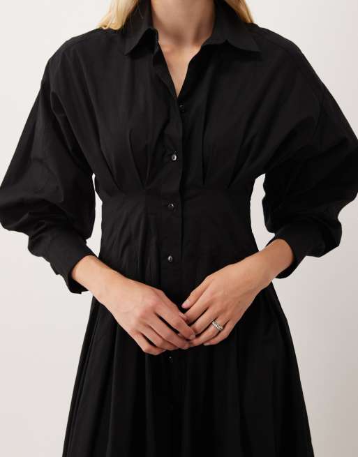 ASOS DESIGN - Sort skjorte-maxikjole i poplin med indsyet talje, 3 af 4