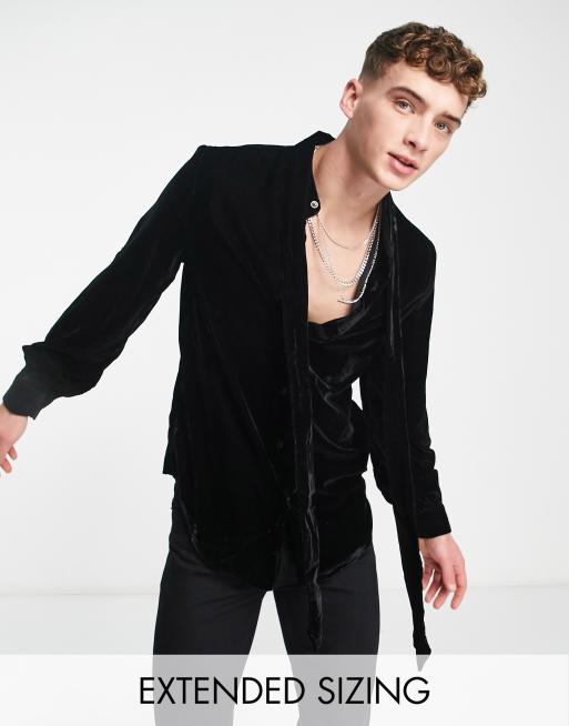 ASOS DESIGN - Sort skjorte med lang sløjfe i halsen i velour