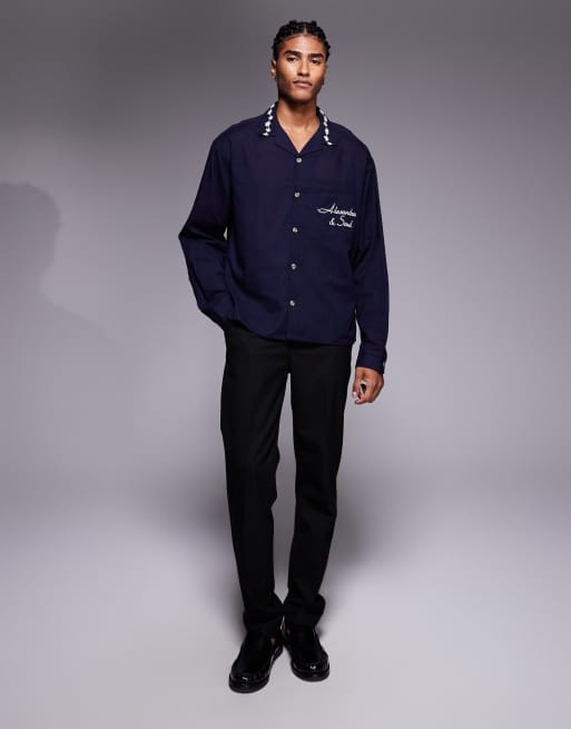 ASOS DESIGN - Sort skjorte med reverskrave og print samt broderi, 3 af 5