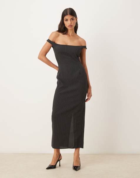 ASOS DESIGN - Sort skræddersyet pencil-midikjole med offshoulder-design og nålestriber - view 1