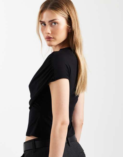 ASOS DESIGN - Sort slå-om-top med korte ærmer og drapering, 4 af 4