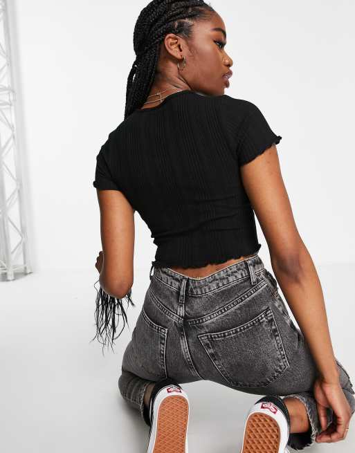 ASOS DESIGN - Sort Slim Fit-T-shirt med bølgekant i blandet ribstrik, 4 af 4