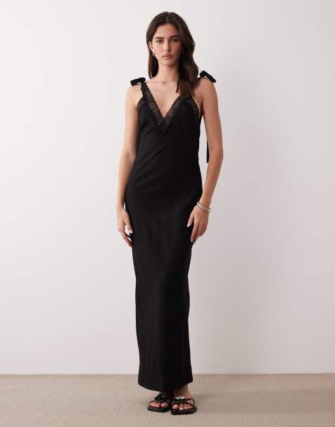 ASOS DESIGN - Sort slip-maxikjole med blondekanter og bindebånd - view 1