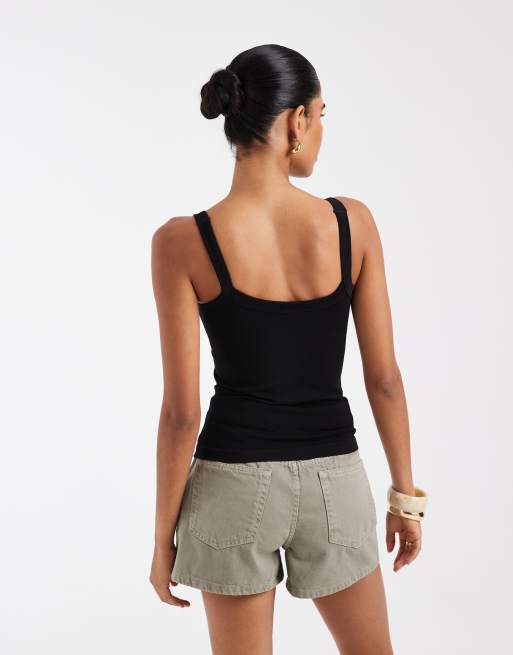 ASOS DESIGN - Sort sømløs cami-top med firkantet hals og knapdetaljer, 4 af 4