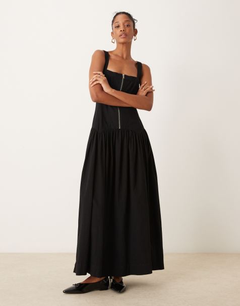 ASOS DESIGN - Sort smock-kjole i midilængde i twill med korsetdesign og lynlås fortil - view 1