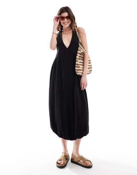 ASOS DESIGN - Sort smock-midikjole i puffball-design med V-hals - view 1