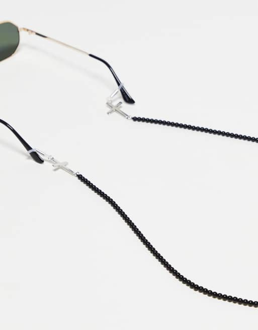 ASOS DESIGN - Sort solbrillekæde med korsvedhæng og perler