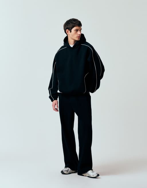 ASOS DESIGN - Sort sæt med ekstremt oversized hættetrøje i firkantet pasform og superposede joggingbukser med kantdetaljer