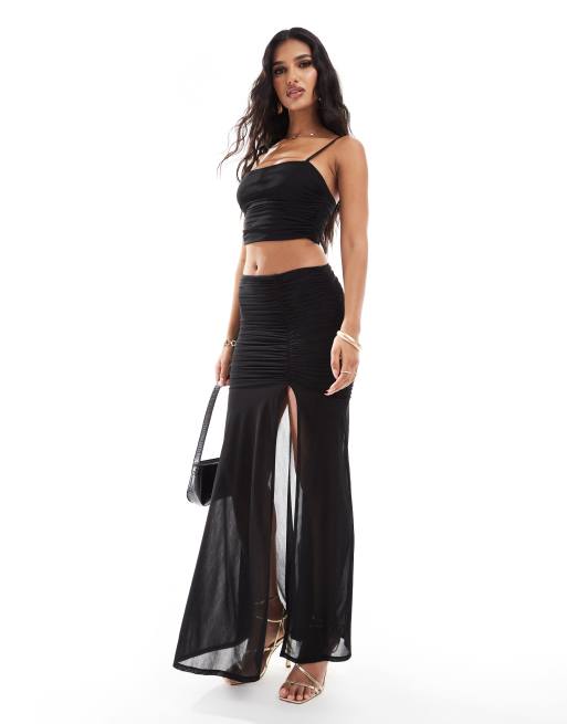 ASOS DESIGN - Sort sæt med rynket cami-top og nederdel i mesh